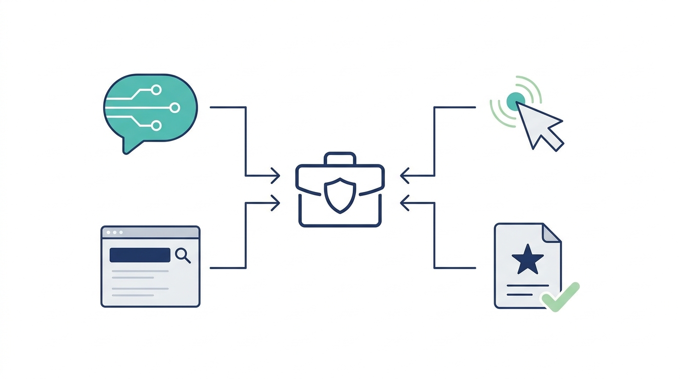Simple vector illustration showing AI chatbot, search results, user clicks, and content quality icons converging toward a central briefcase icon representing a law firm. Colors: navy blue, teal, light gray, soft green. No text in image.