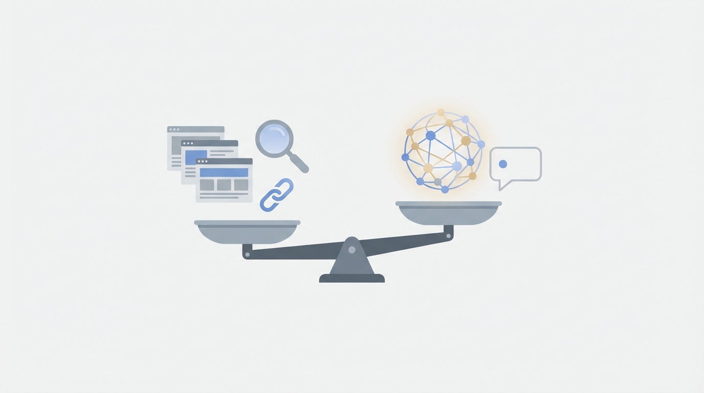 Balance scale visual metaphor for AI Overviews impact on legal SEO