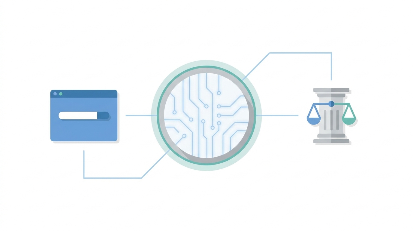 Simple illustration showing an abstract AI agent connected to a browser window and a legal scale, symbolizing AI integration with commerce and legal marketing websites for AI driven search.