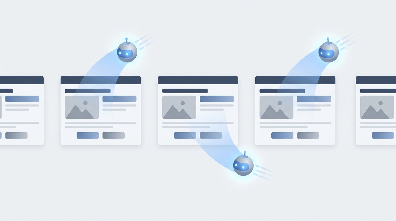 Illustration of AI-driven ad crawler bots scanning simplified web ad landing pages in blue and gray tones