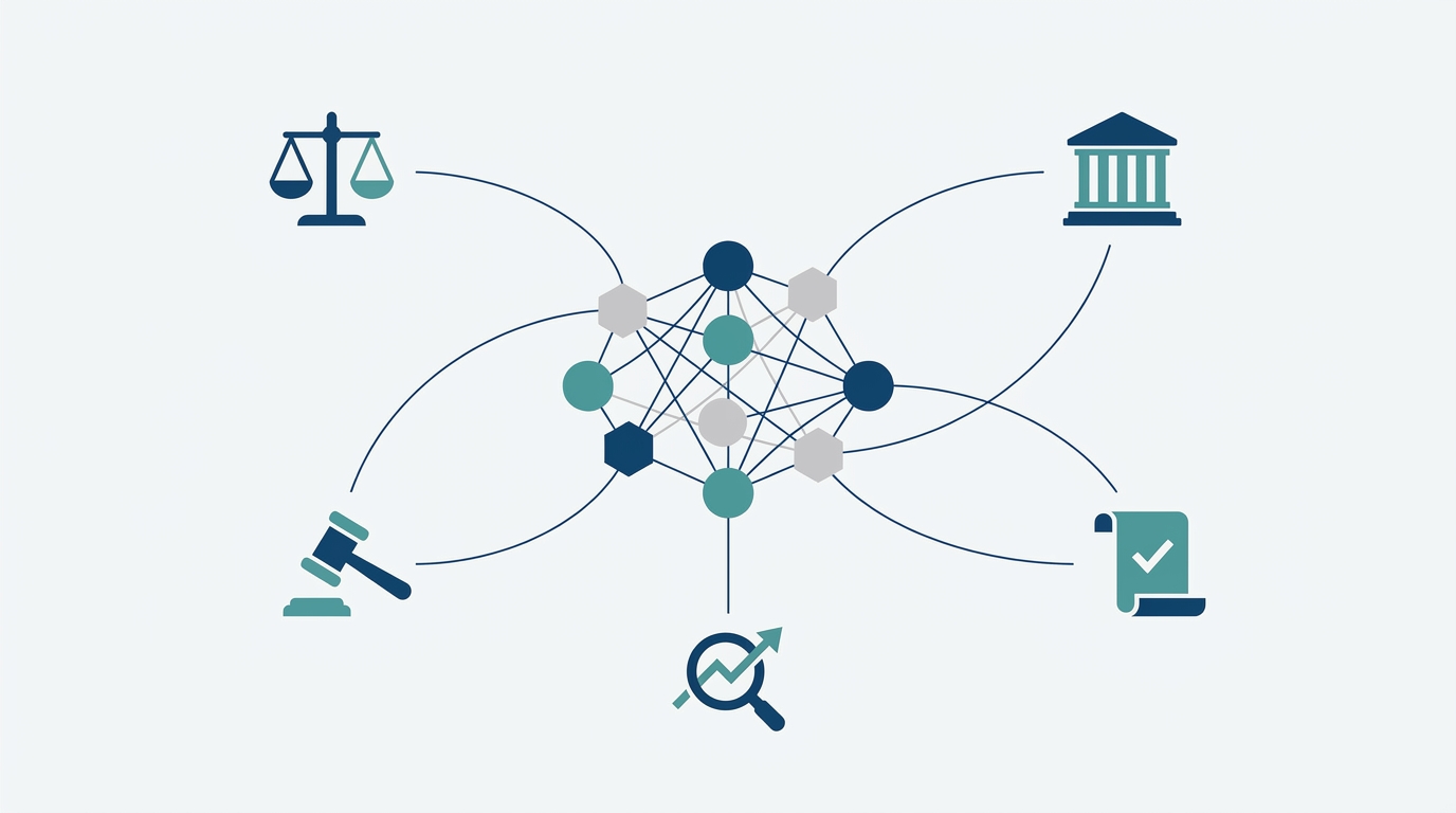 Stylized AI brain connecting to legal icons