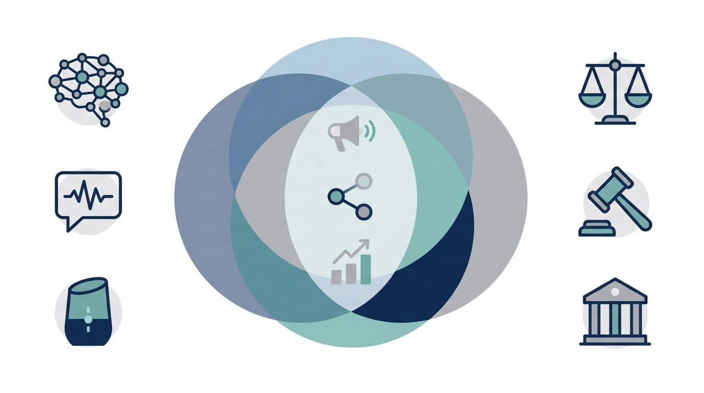 Illustration showing the intersection of AI assistants and legal marketing. Minimalist AI icons on the left, legal icons on the right, and marketing symbols in the overlapping center.