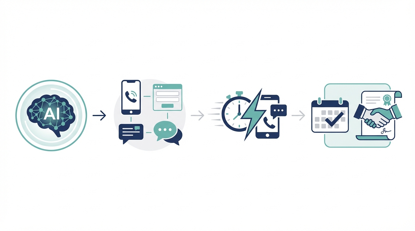 Illustration of AI enabled lead conversion process showing stages from AI query to booked appointment with icons for calls, forms, texts, chats, speed, and signed contract.