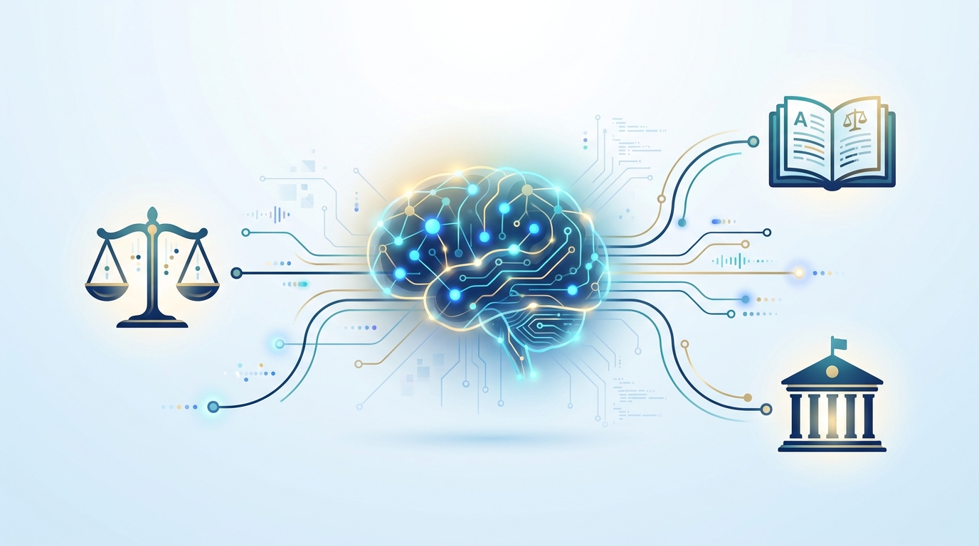 Illustration of a glowing AI brain linked by luminous nodes to legal symbols including scales of justice, a law book, and a courthouse silhouette, representing AI citation tracking and legal marketing integration.