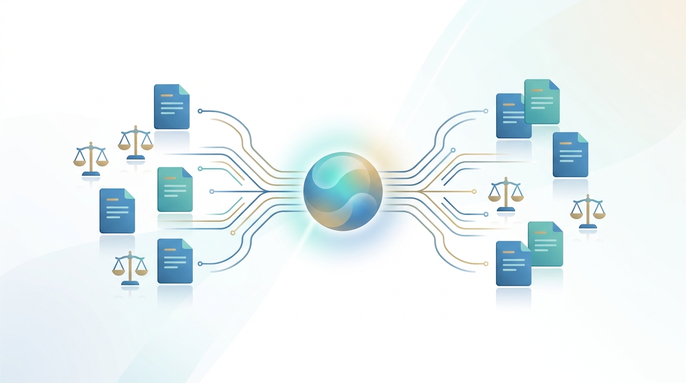 Conceptual illustration of AI driven content sorting and legal authority icons connected to a central AI node