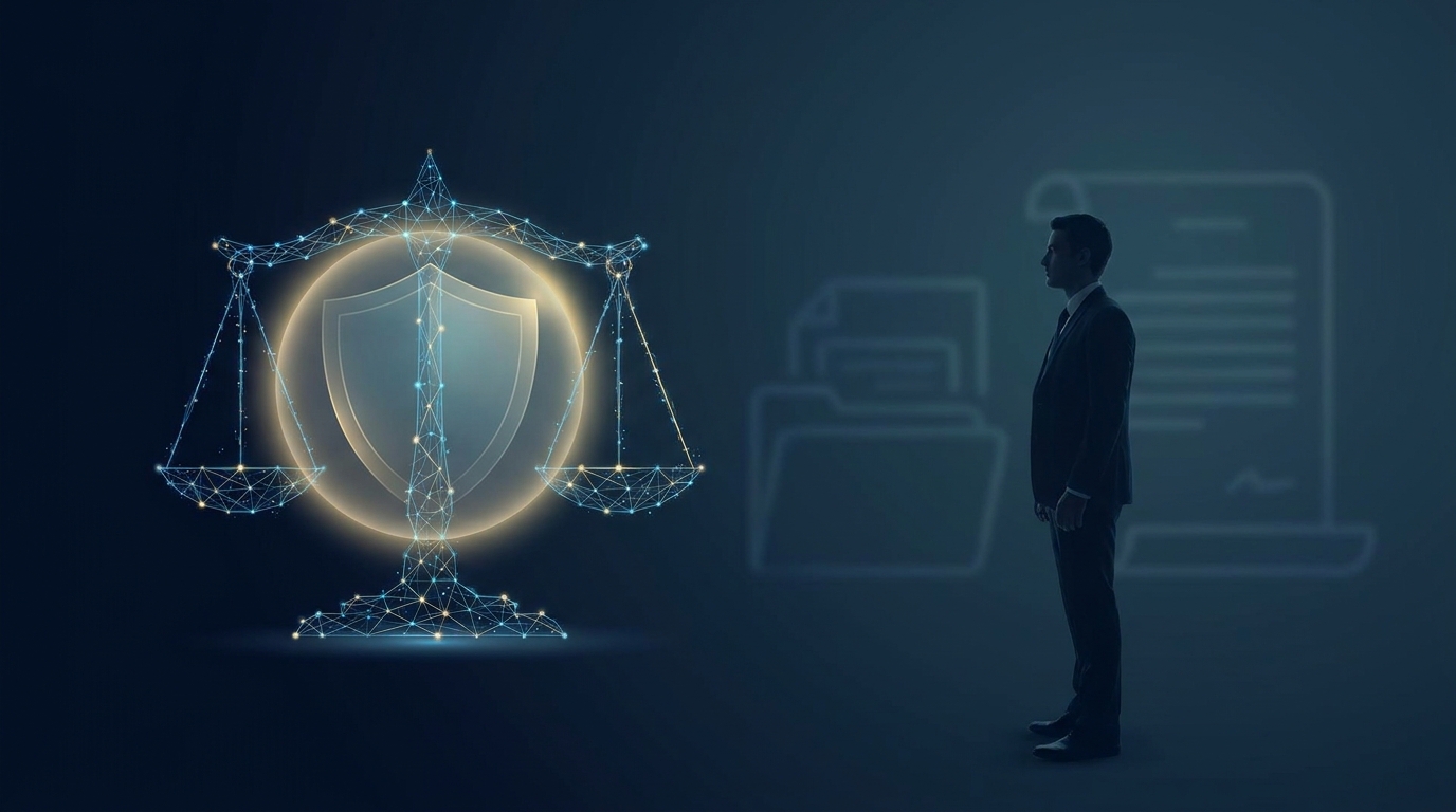 A minimalist composition showing a neural node style scales of justice paired with a professional silhouette and a circular shield symbolizing ethics and trust, set against a calm navy teal and soft gold palette.