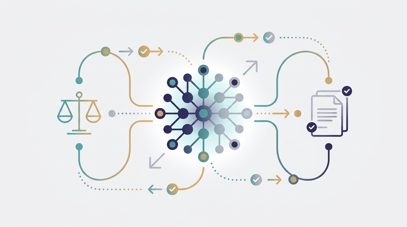 Abstract illustration showing a central AI node with curved connecting lines to stylized scales of justice and legal document icons, plus workflow nodes and checkmarks to convey automated, connected legal workflows.