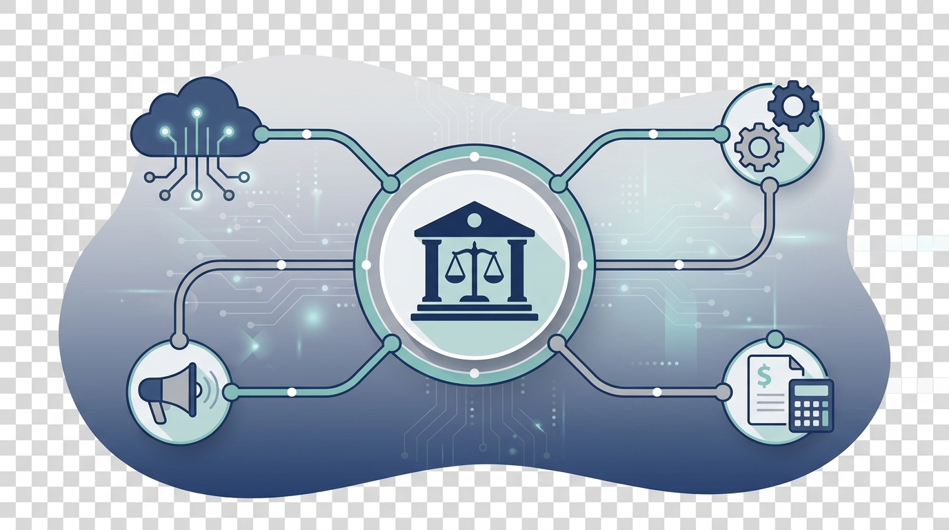 Simple vector illustration showing a central small law firm hub connected to partner nodes for AI/cloud integration, implementation, marketing, and accounting. The design uses navy blue, teal, and soft gray with digital circuit motifs, no text or logos.