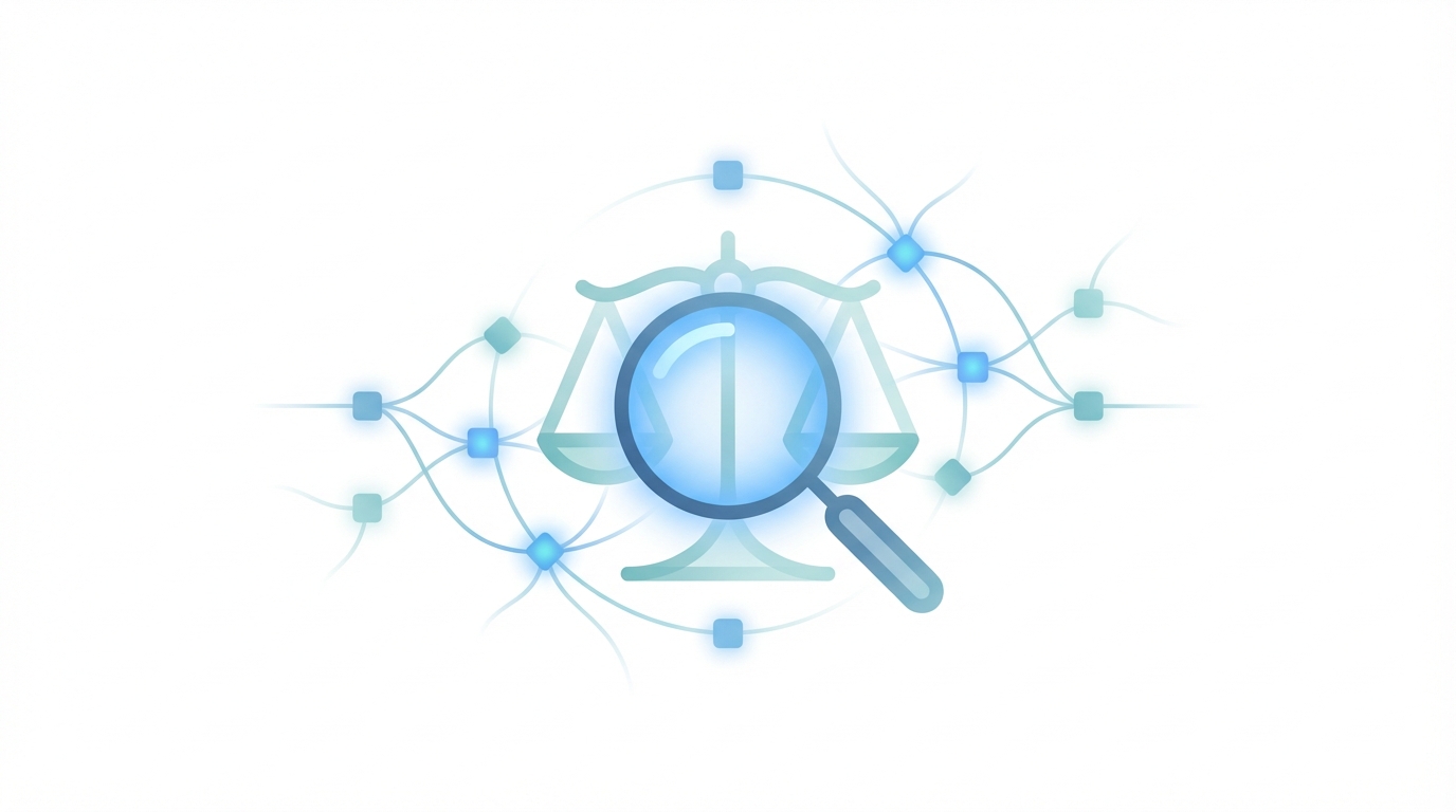 Abstract icon of a magnifying glass over a subtle scales of justice silhouette with a minimal neural network of nodes and lines representing AI-powered search and generative engine optimization, in a calm blue and teal palette.