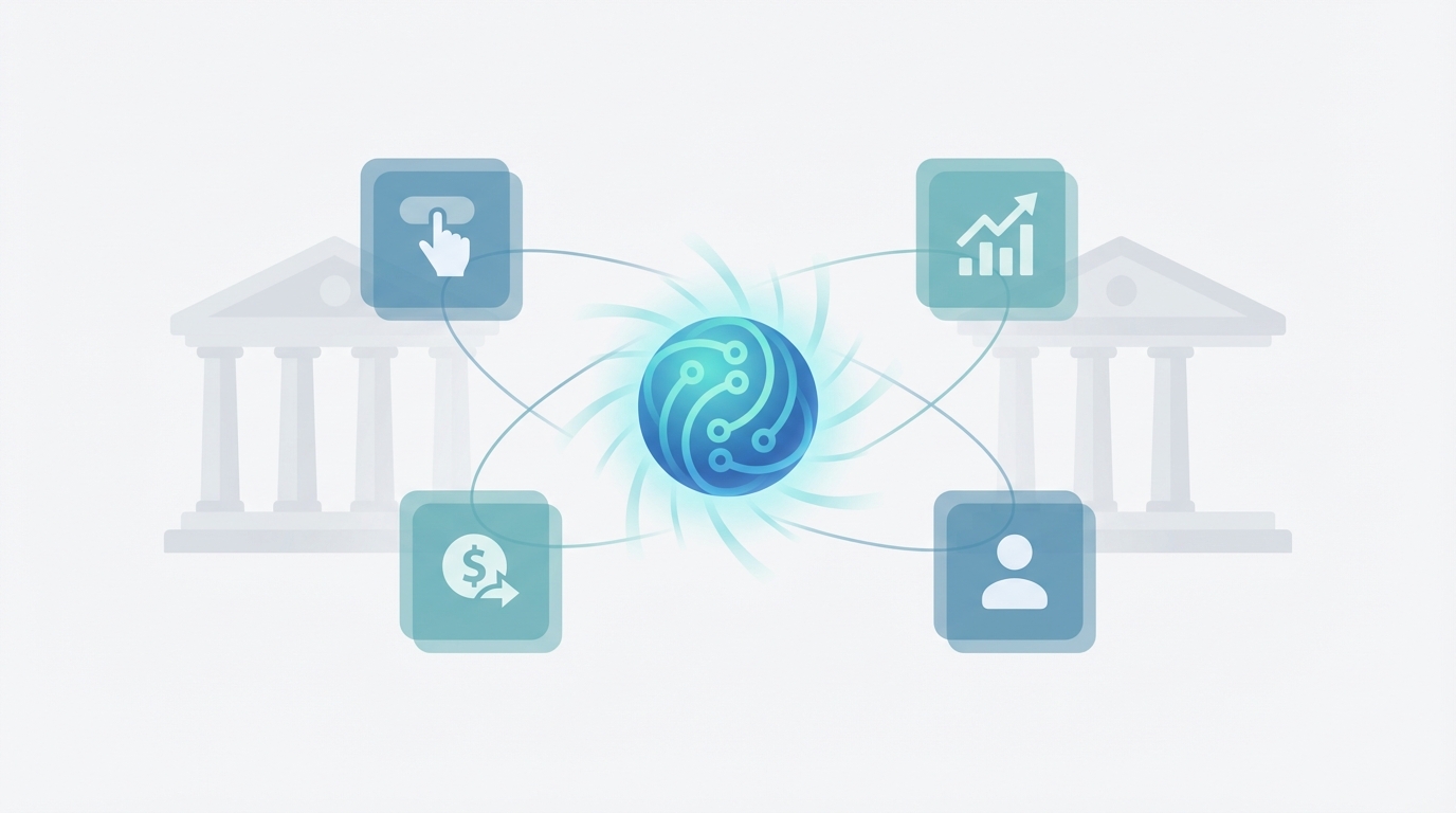 Illustration of a friendly AI orb connecting to floating metric cards showing icons for clicks, revenue, cost, and users with a soft courthouse silhouette in the background
