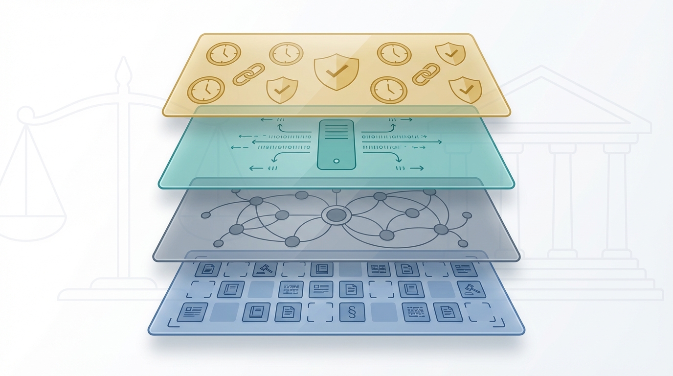 A minimalist layered illustration symbolizing AI-ready content architecture for law firms with translucent stacked panels showing structured data tiles, an entity relationship graph, a stylized API endpoint, and provenance symbols over a faint legal silhouette.