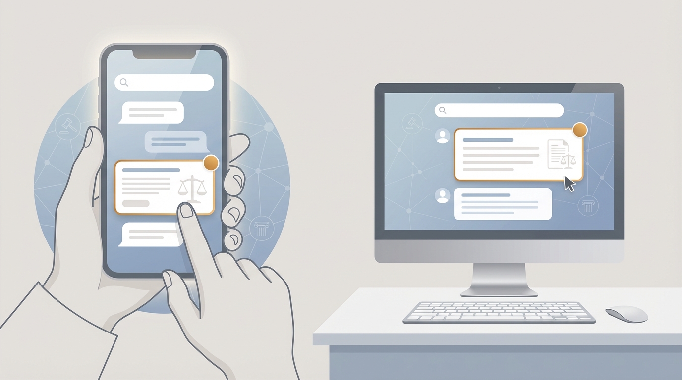 A clean vector illustration of a desktop monitor and smartphone showing an AI chat interface. The screens include a highlighted visual card indicating a paid placement. A hand taps the card on the phone while a desktop cursor hovers over the paid card. Subtle law-related icons like a balanced scale appear as silhouettes in the background. No text appears in the image.