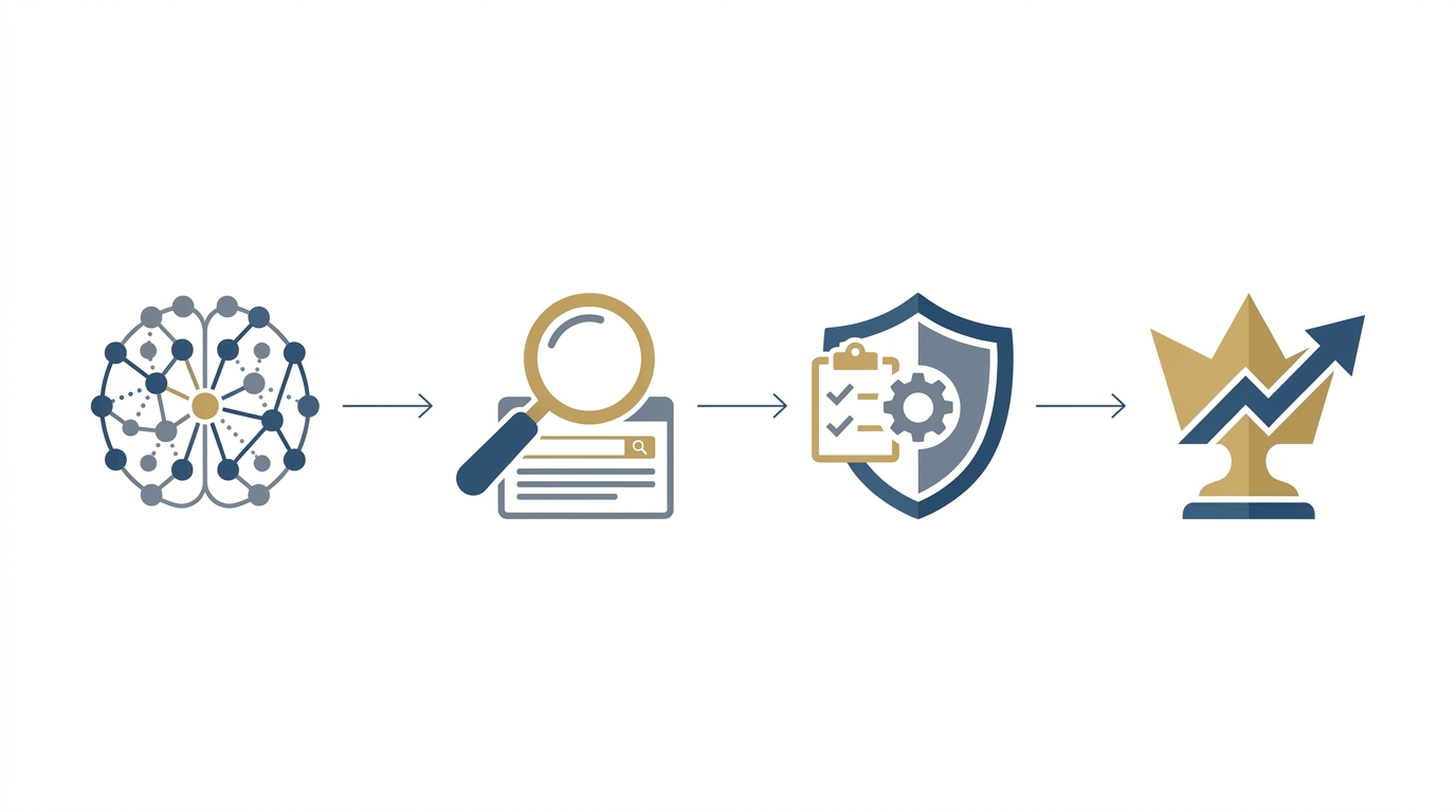 Simple vector illustration showing the flow from AI-driven discovery through SEO governance to brand authority. Icons include an abstract AI node, search results snippet, governance shield with checklist, and brand trophy. Professional palette of deep blue, slate gray, and muted gold. No text in image.