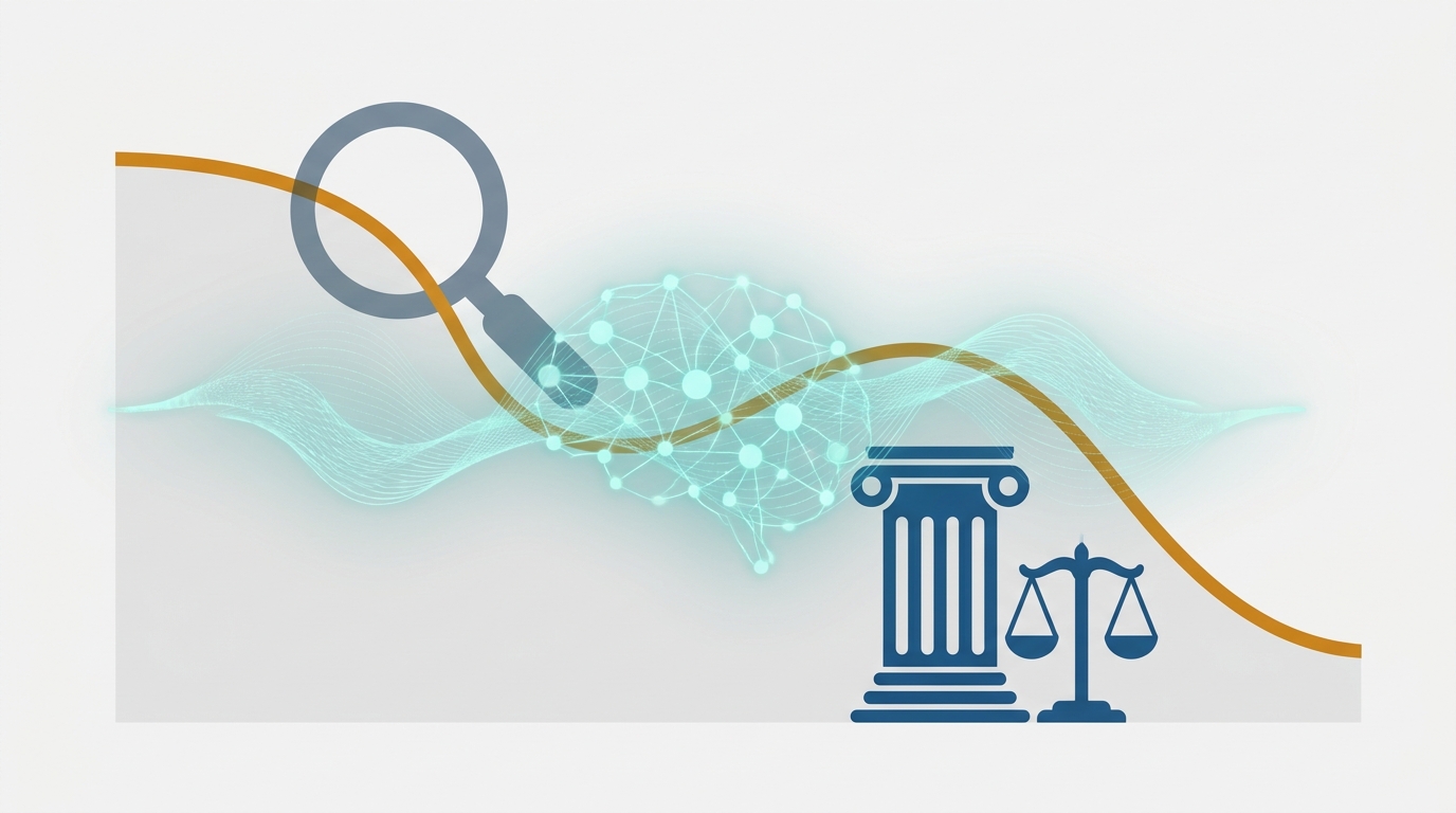 Abstract illustration showing a declining trend line overlaid with AI neural nodes, a magnifying glass search motif, and a courthouse column silhouette to symbolize law firm search visibility.
