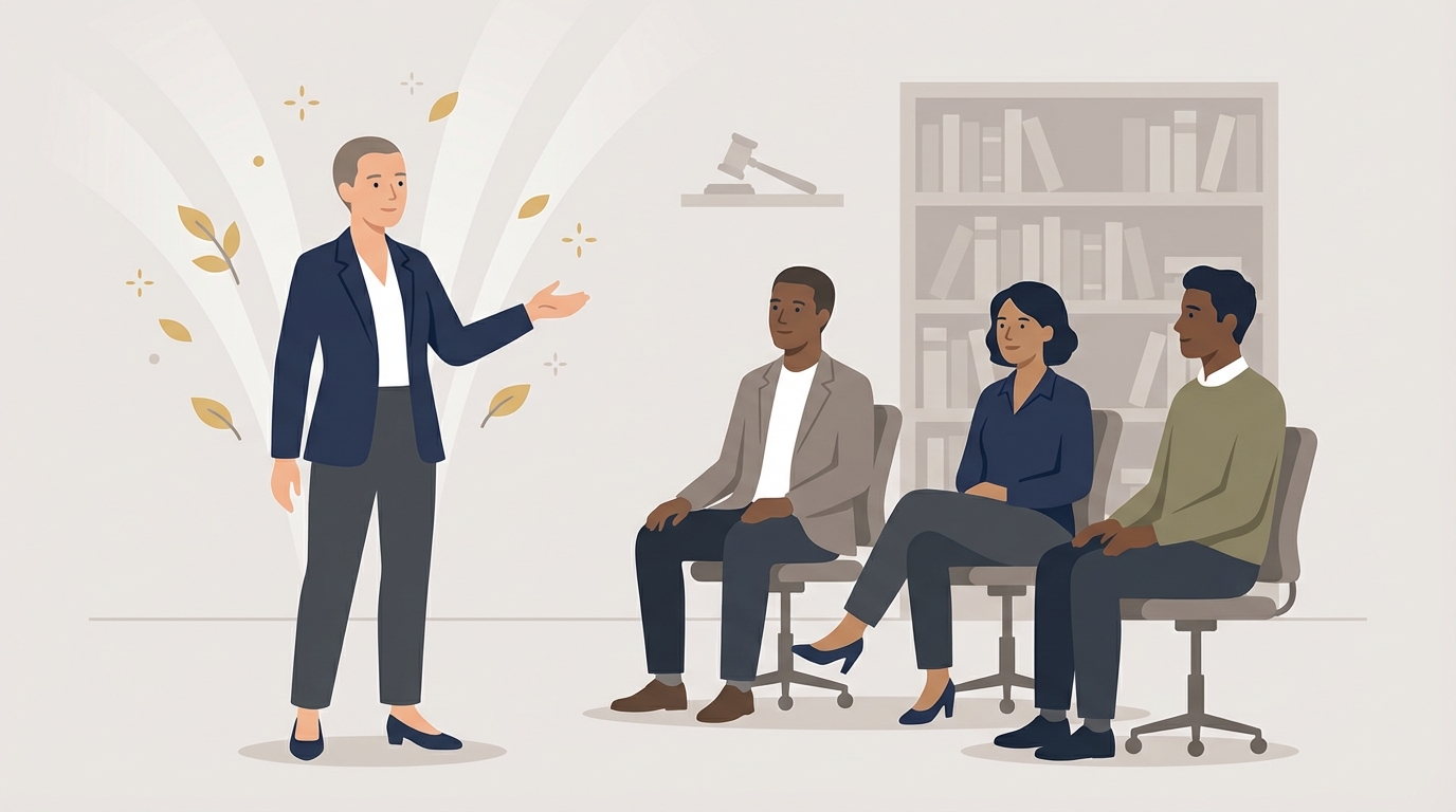 Illustration of a leader sharing a story in a modern law office, with a small group listening and subtle legal cues in the background. The composition uses soft muted colors and symbolic growth motifs.