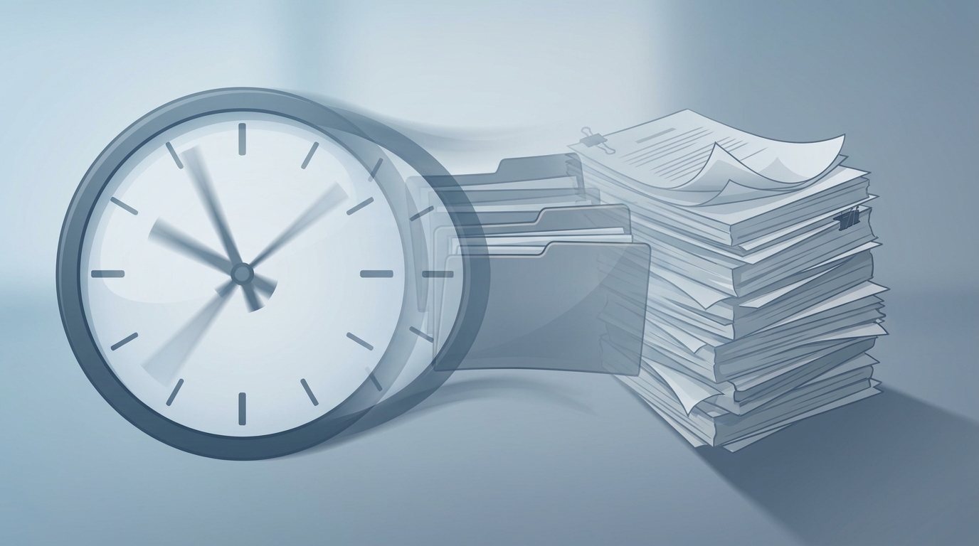 A semi realistic vector style image showing a clock on the left gradually transforming into a leaning stack of paperwork on the right, on a clean office background with muted blues and grays. The composition emphasizes escalation from time to administrative burden, with subtle motion blur.