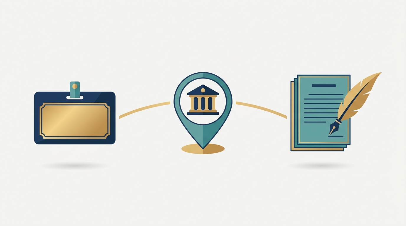 Simple vector illustration showing three connected icons: a name badge symbol for naming, a map pin for location selection, and a stack of documents with a pen for incorporation paperwork. Uses navy blue, teal, and warm gold on a light neutral background. No text included.