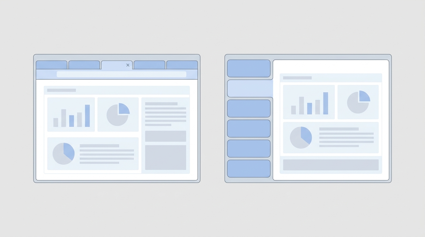 Illustration showing two browser windows side by side. The left window displays traditional horizontal tabs across the top. The right window displays Chrome vertical tabs along the left side with full width tab entries. Both windows show a generic dashboard style webpage so readers can compare layouts visually.