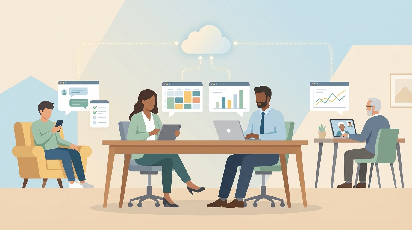 Diverse business professionals using laptops tablets and smartphones connected to cloud services