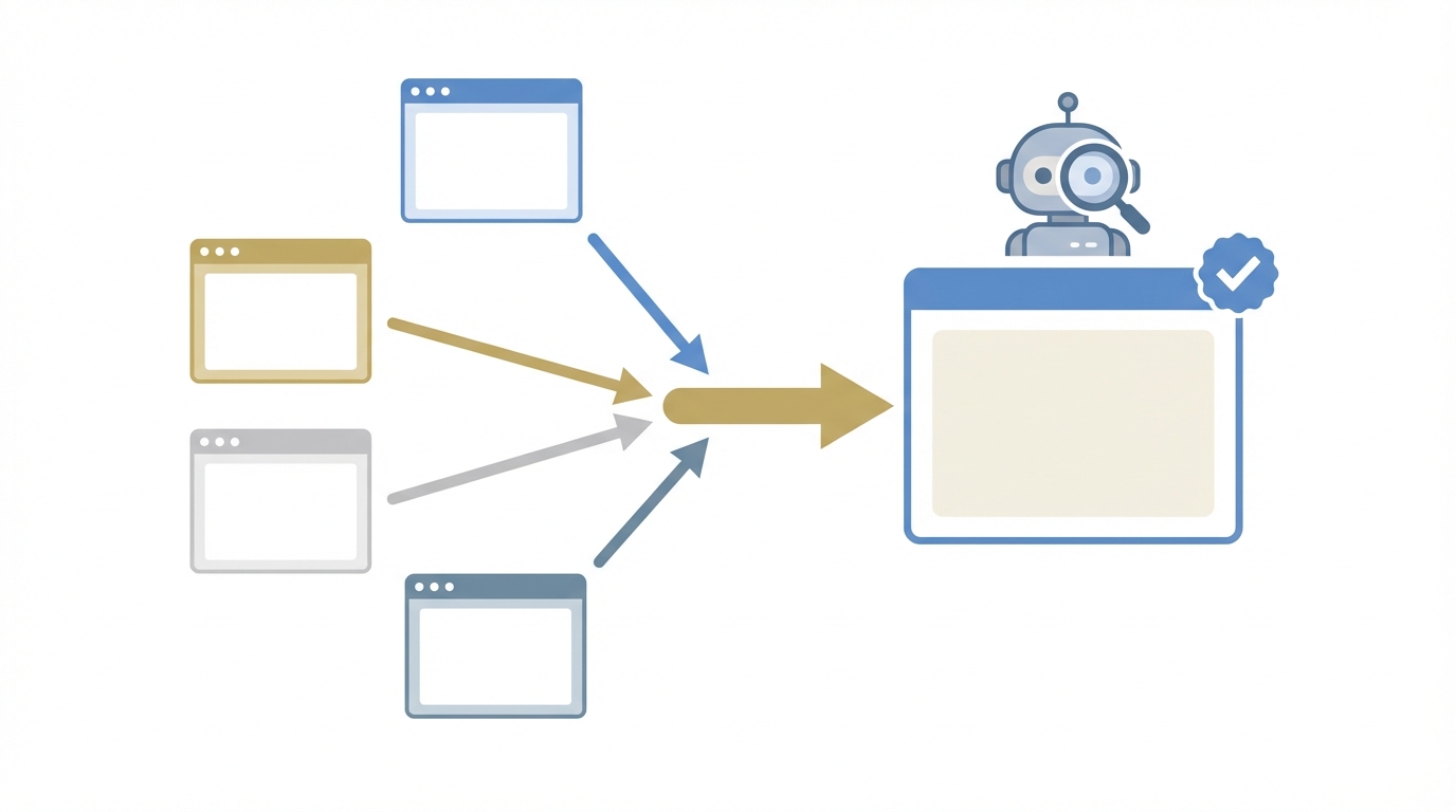 Illustration of multiple URLs converging to a canonical URL with a checkmark badge and search icon