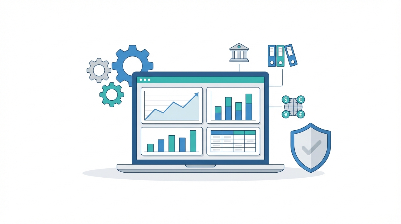 Enterprise accounting dashboard showing automation, charts, and compliance icons
