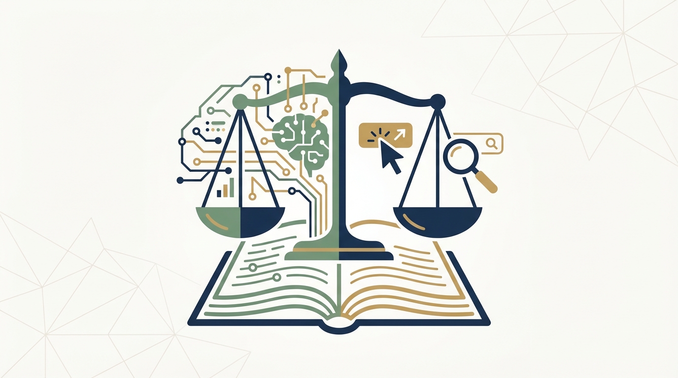 Illustration showing a balanced scale on an open law book that morphs into an AI circuit brain on the left and integrates small PPC and search icons on the right, using navy, muted green, and gold accents on an off-white background.