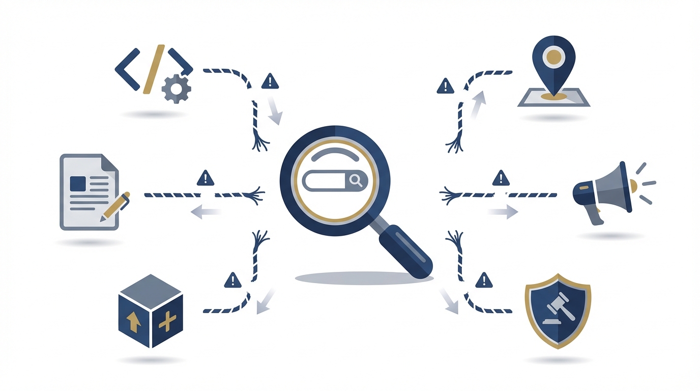 Clean vector illustration showing a central search icon with six department icons around it connected by broken dashed lines to represent fragmented ownership across engineering, content, product, legal, marketing, and local markets. Subtle warning symbols near frayed lines emphasize gaps.