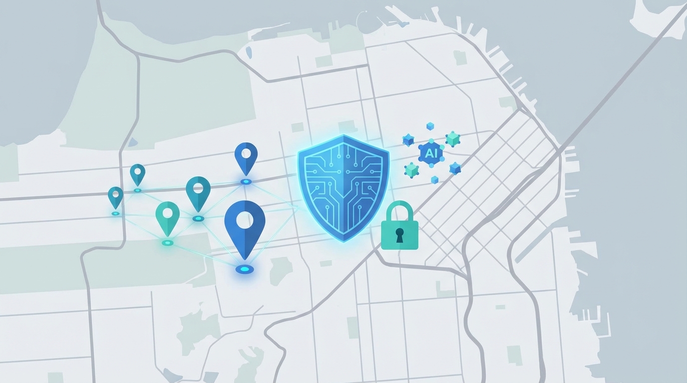 Conceptual map showing franchise location pins connected by network lines with a digital shield and padlock icons representing AI security for small businesses.