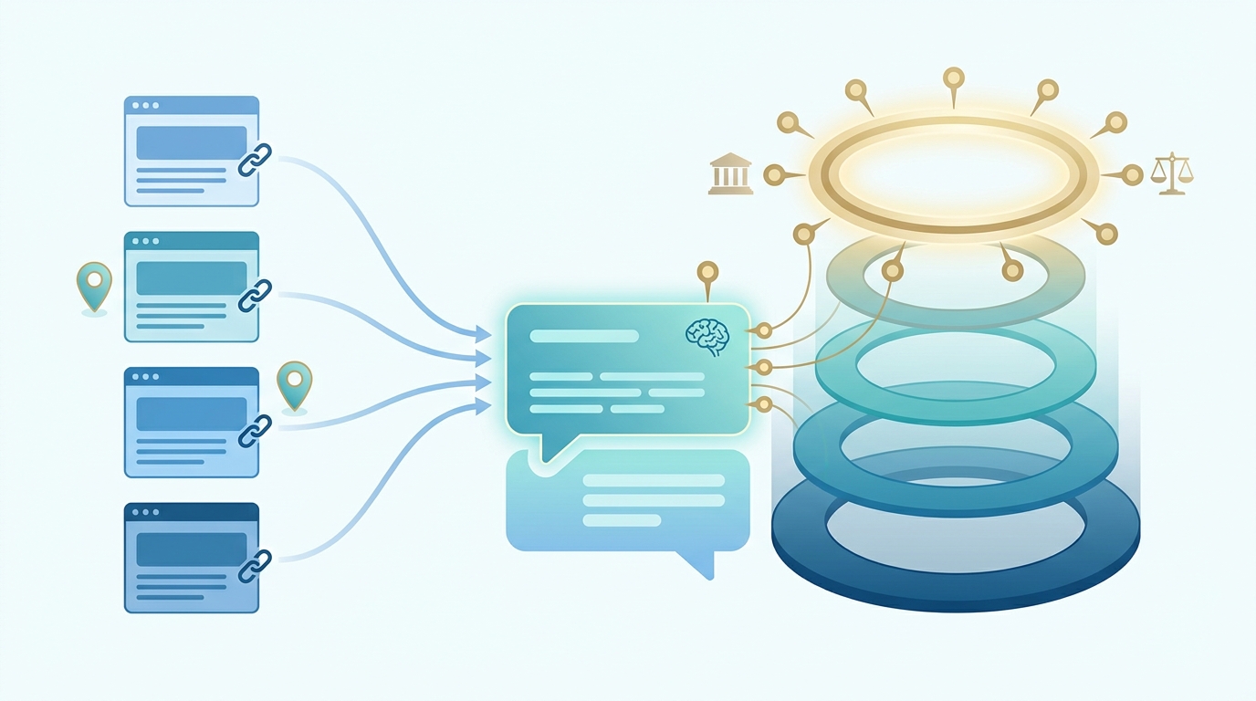 Illustration showing the evolution from traditional search results to AI answers and a layered representation of Generative Engine Optimization for law firms