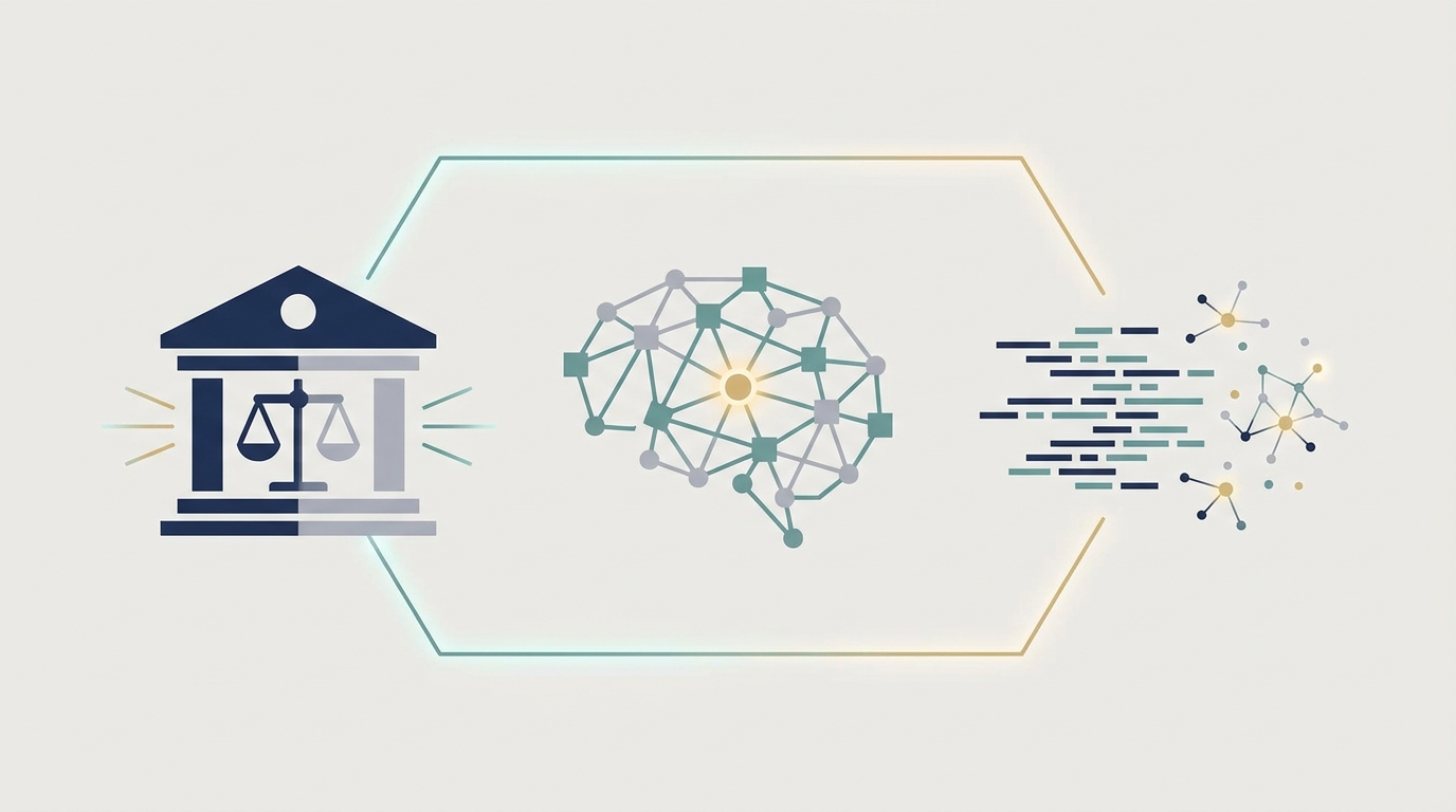 A clean vector illustration showing a courthouse icon connected by glowing nodes to an abstract AI brain and small data graph elements, symbolizing the link between law firms, GEO KPIs, and AI-driven marketing analytics.