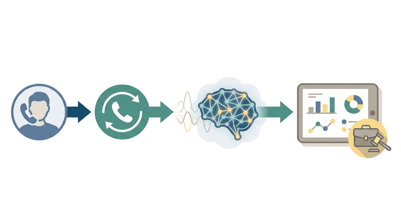 Illustration showing a phone caller routed through a forwarding gateway to an AI evaluation module and then into advertiser reporting, with icons representing a law firm on the reporting side.