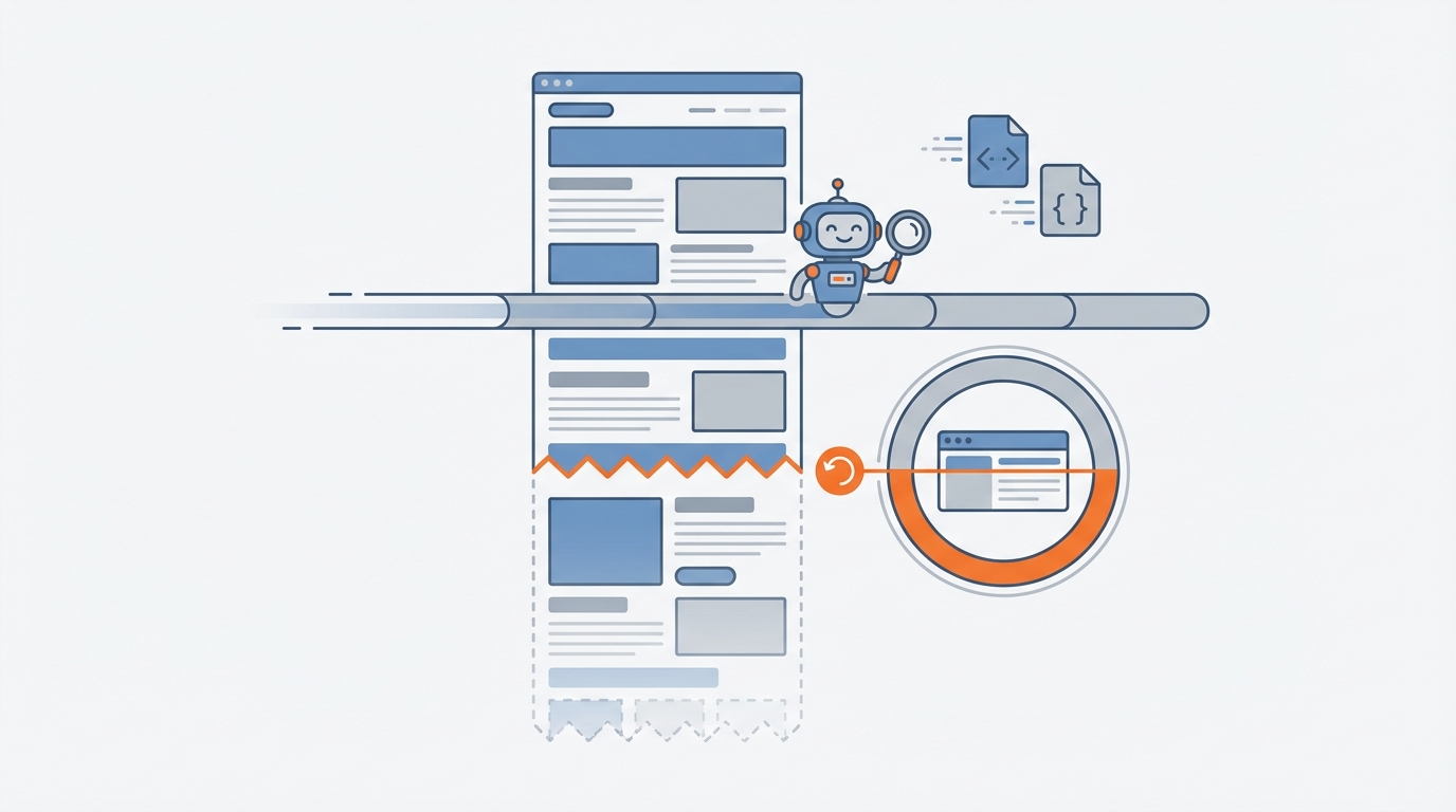 Simple vector illustration showing a friendly robot crawler with a progress meter stopped at the 2 MB cutoff, a webpage preview with a clear truncated lower edge, and icons representing CSS JS and HTTP headers contributing to the data limit.
