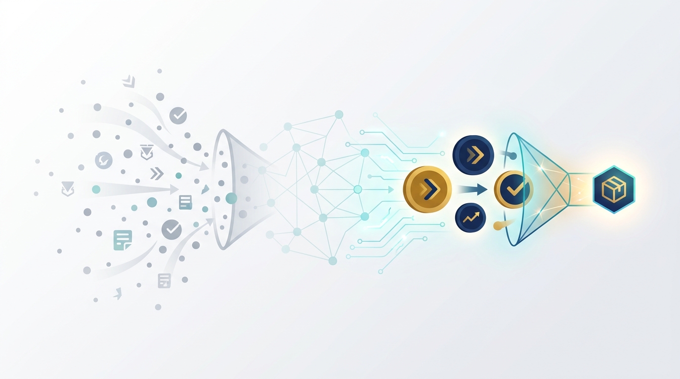Abstract visual contrasting many small gray low-value leads with few large gold high-value conversions, with a stylized neural network pattern representing AI-driven search dynamics.