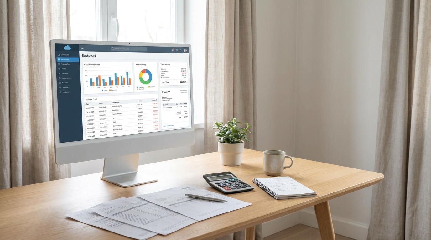 A tidy home office with a laptop displaying a cloud-based accounting dashboard, printed bank statements, a calculator, pen, notepad, small plant, and coffee mug. The scene looks professional, warm, and ready for bookkeeping work.