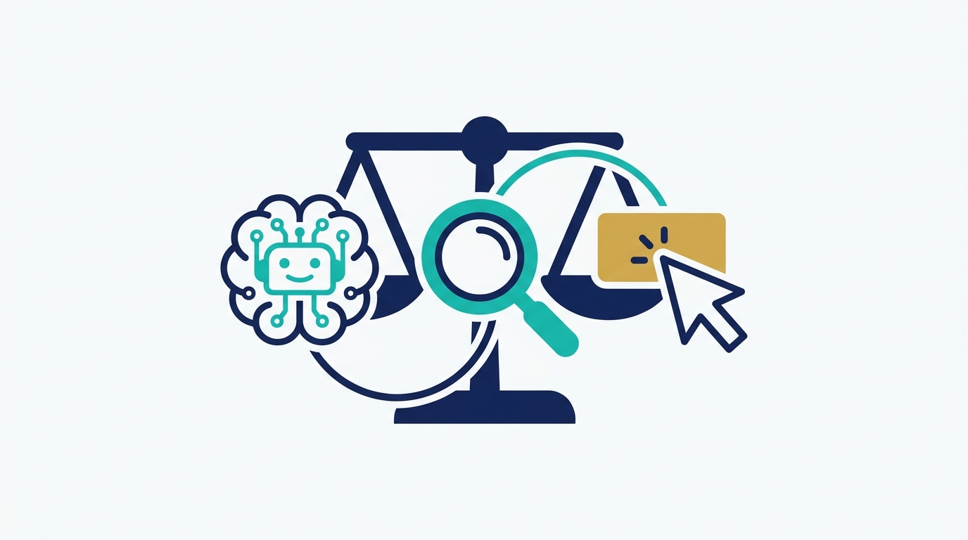 Simple vector illustration showing AI, search, and PPC icons integrated with legal symbol