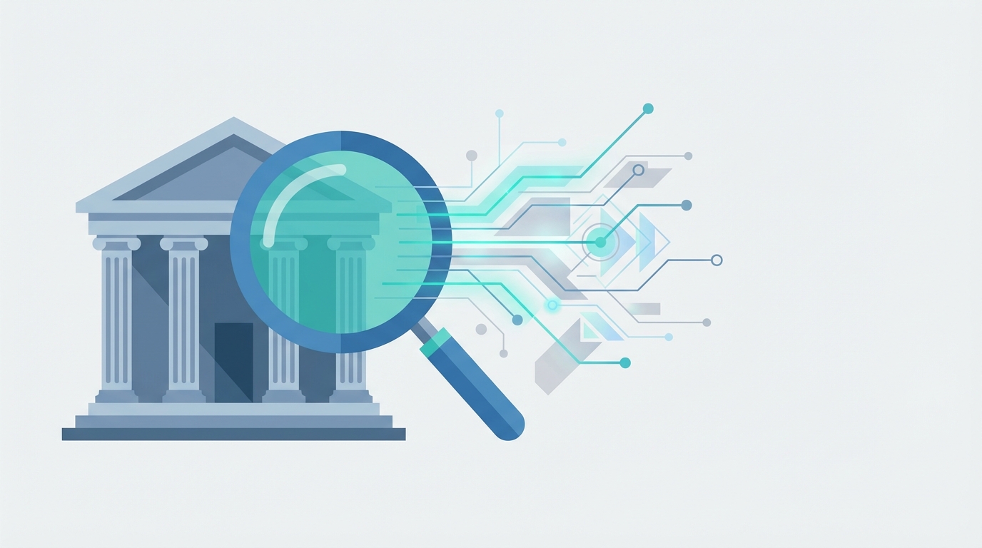 Stylized law firm building on the left, a magnifying glass overlapping the building, and AI digital network lines and nodes radiating to the right to represent AI-driven search impacting legal marketing.