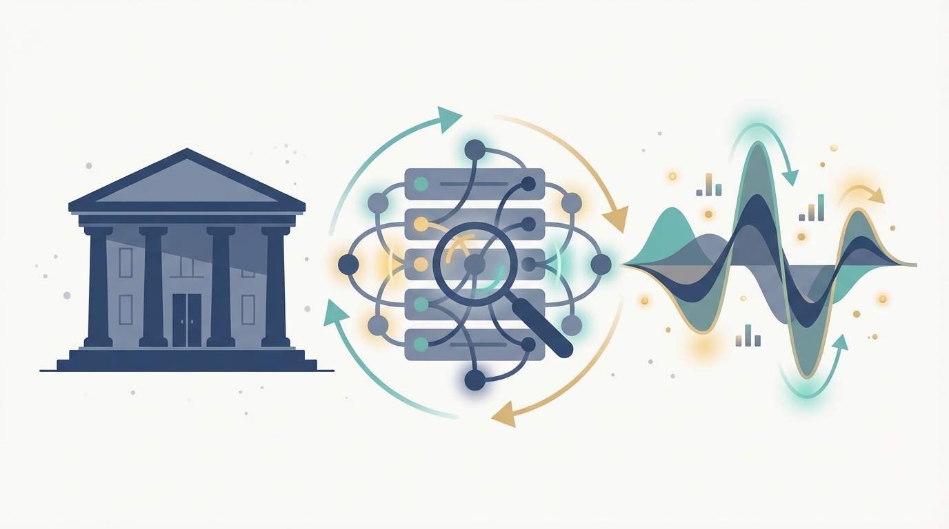 Illustration showing a courthouse silhouette, interconnected algorithm nodes, and a fluctuating waveform to represent Google core updates impacting legal SEO