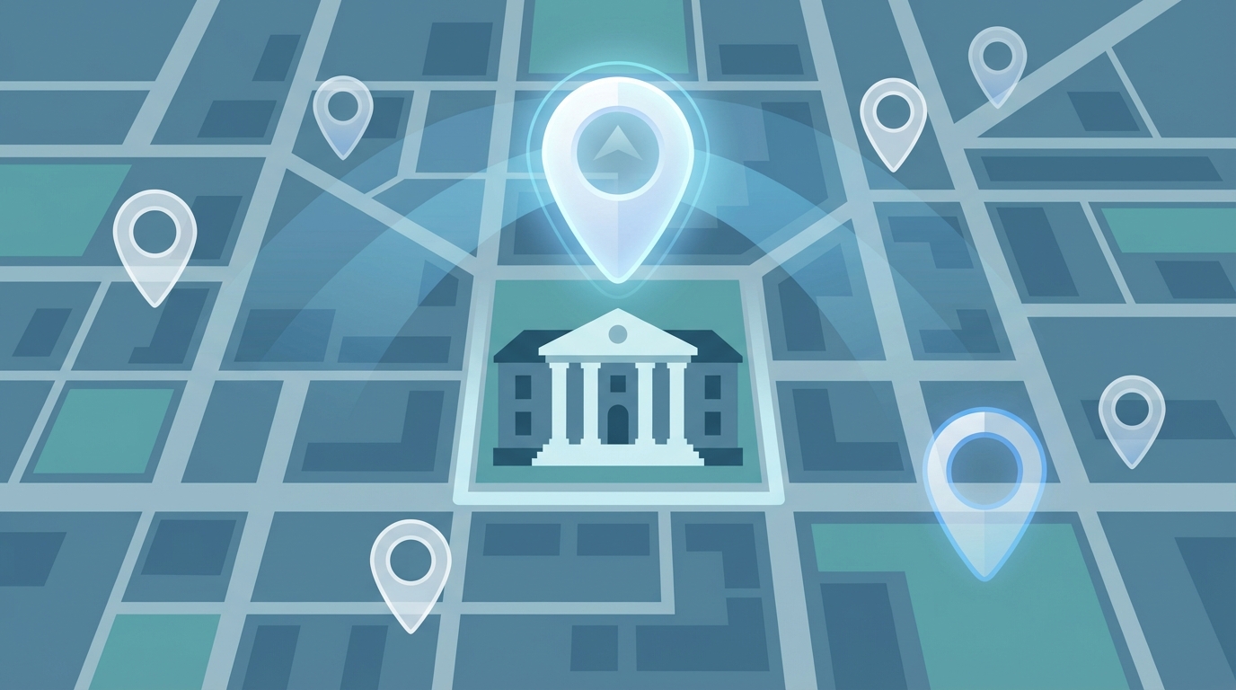 A flat design illustration of a law office on a city map with glowing location pins showing local search visibility for a law firm.