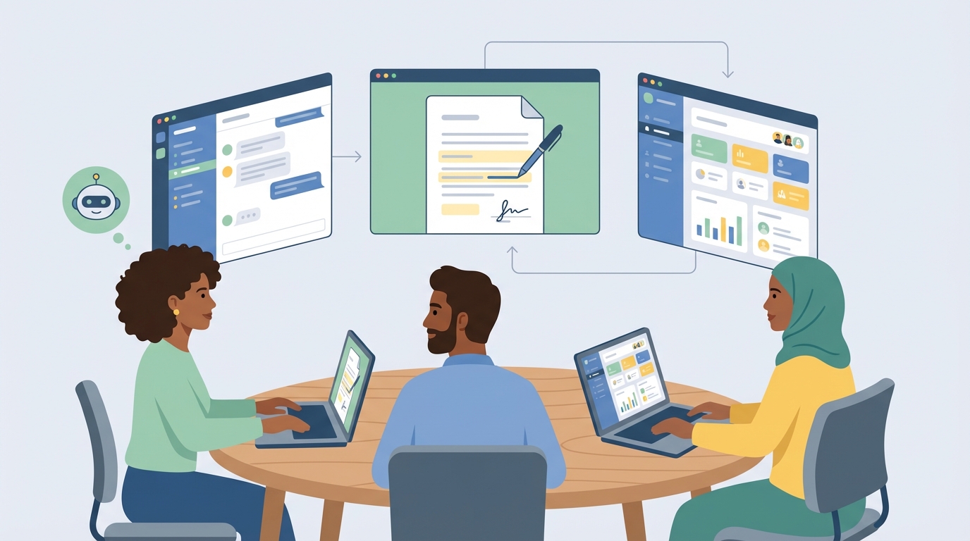 Collaborative law firm workspace with Slack and DocuSign elements