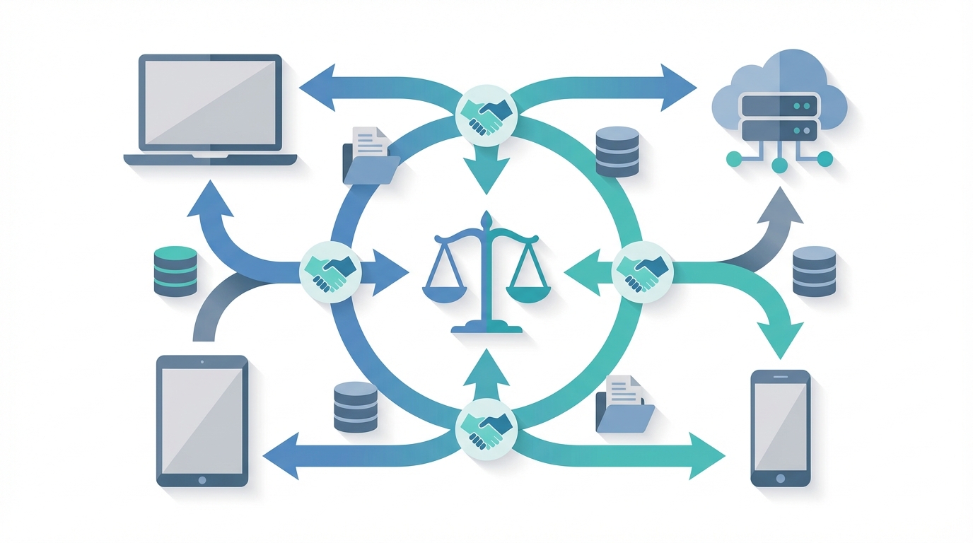 Illustration of legal tech partnerships and data migration showing scales of justice at the center connected to laptop, cloud server, tablet, and smartphone with directional data flow arrows and abstract document and database icons, in blues and teals, no text in image.