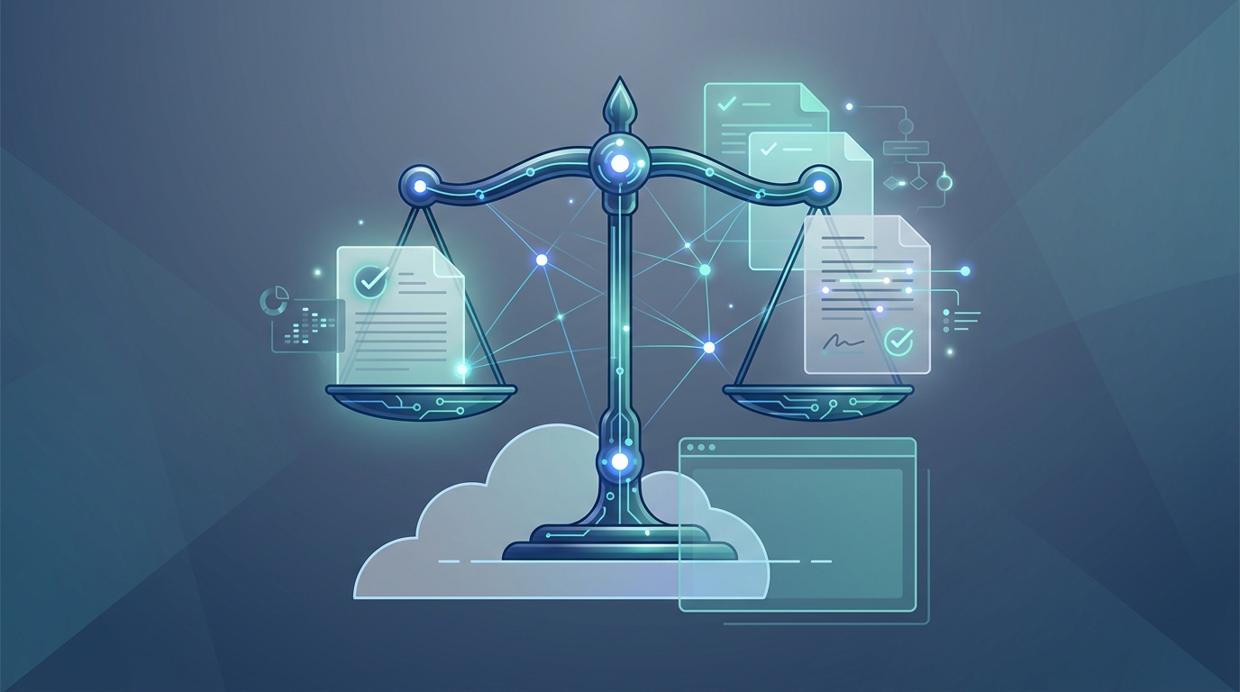 Stylized visual showing scales of justice integrated with circuit lines, floating legal documents, and a browser cloud to convey AI contract review and web based drafting tools