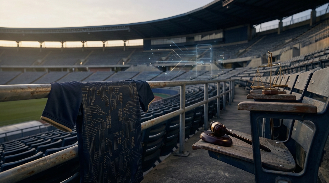 A wide-angle stadium interior at dusk with a generic sports jersey draped over a railing, a polished wooden gavel and a small brass scales of justice on a seat armrest, and subtle translucent holographic UI elements hovering above the seats to suggest legal technology blending with sports sponsorships.