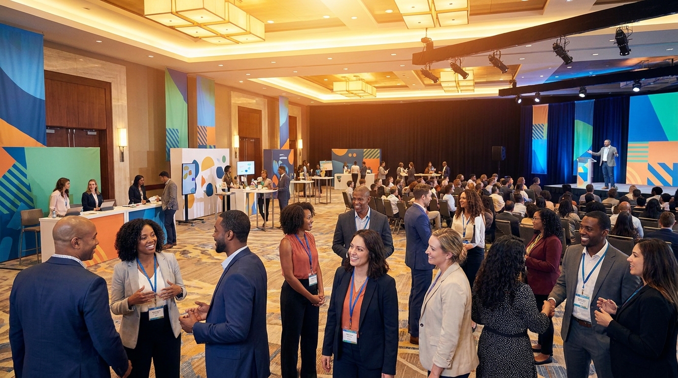 Vibrant legal marketing conference scene with attendees networking, a speaker presenting on stage, and abstract branding (no text)