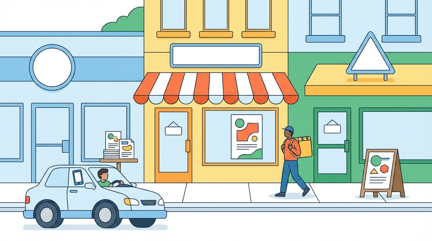 Local storefronts, marketing materials, and rideshare drivers