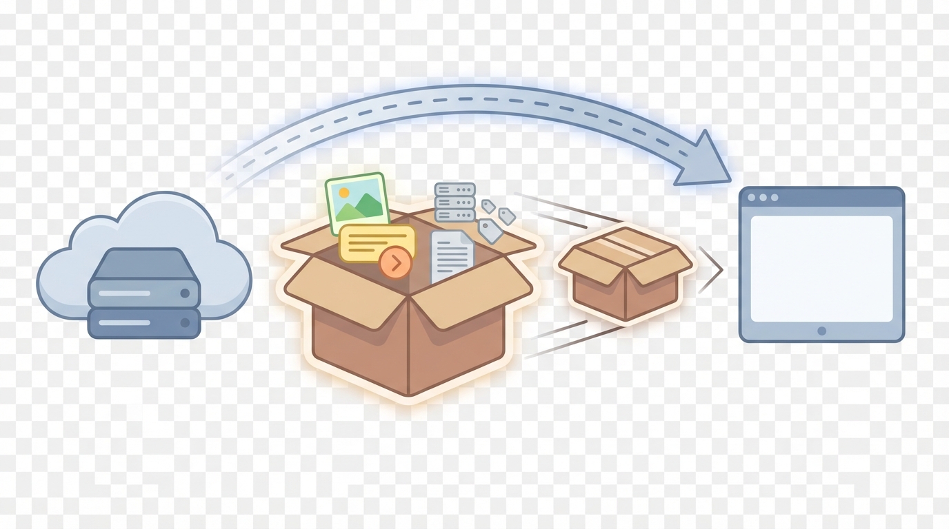 Illustration of a package traveling from a server to a browser, showing visible colorful content icons and muted non-visible content icons, with a visual compression effect as the package moves toward the browser.