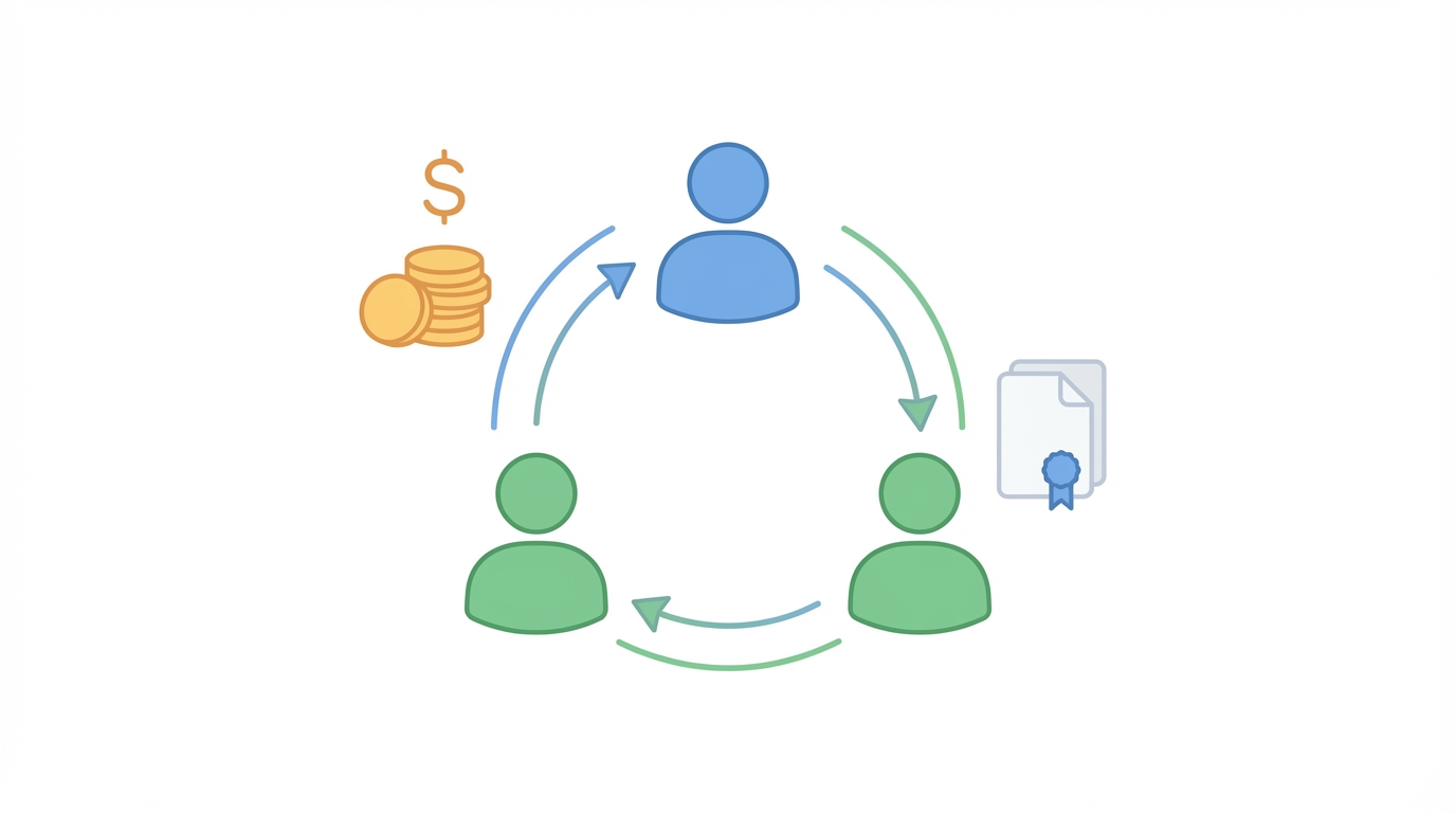 Illustration showing three interconnected people icons with arrows, a dollar sign and coin stack near one icon, and a legal document icon near another to represent referral programs, cost-effective incentives, and LLC formation for small businesses.