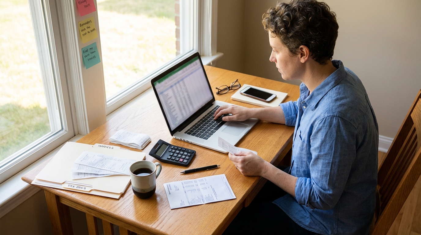 A small business owner working on a laptop at a wooden desk with invoices, a calculator, a pen, glasses, and a cup of coffee nearby. The scene shows active bookkeeping and tax preparation in a warm, professional workspace.