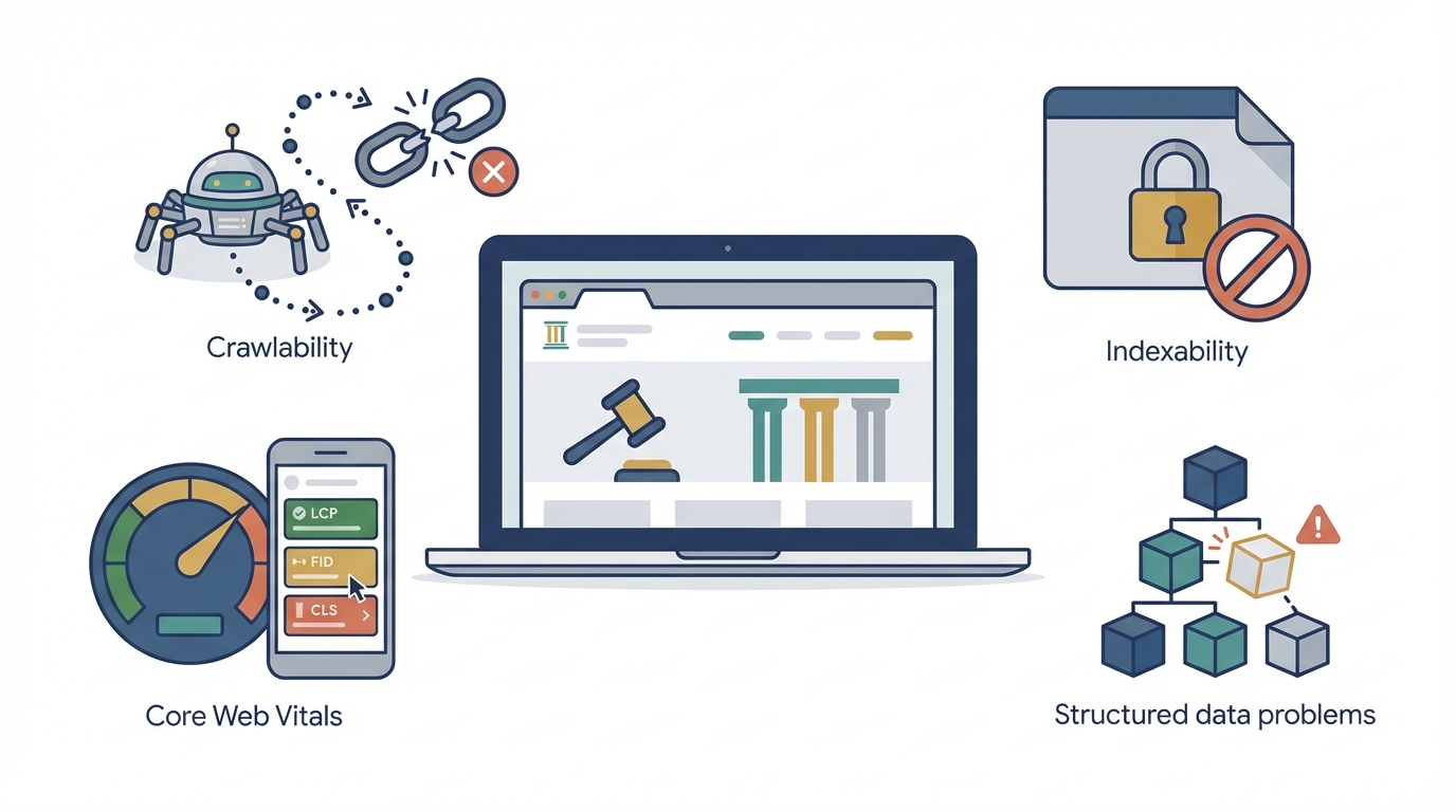 Illustration showing a browser window surrounded by icons for crawlability, indexability, Core Web Vitals, and structured data problems