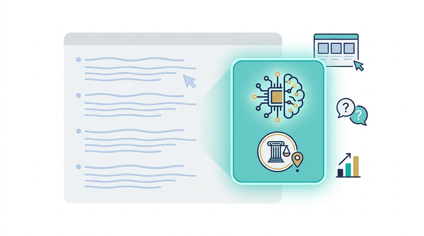 Illustration showing a search engine results page shifting from traditional click-based links to a prominent AI answer card with AI iconography, law-firm cues, and a share-of-voice indicator.