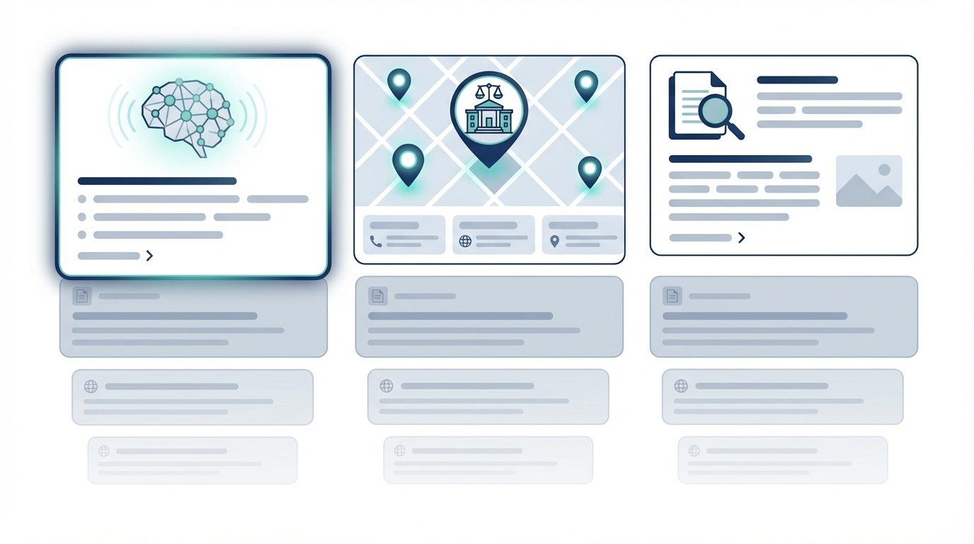 A clean, flat vector illustration of a search results layout with a glowing AI Overview card, map pack with location pins and a law office icon, and a featured snippet panel visually dominating dimmed organic result cards below, showing how zero-click searches overshadow traditional links.